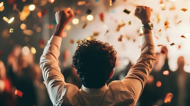A businessperson celebrating a milestone in a fintech IPO announcement.