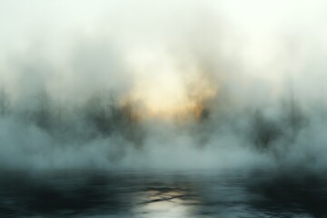 Fototapeta premium Misty forest sunrise, ethereal landscape.