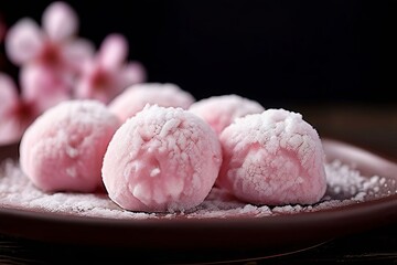 75 hanami japan close up of pink sakura shaped mochi capture the