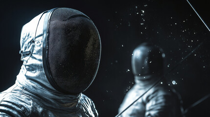 close up of fencer in metallic suit with mask, showcasing intense focus and determination. background features another fencer, creating dramatic atmosphere