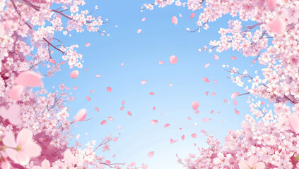 Pink cherry blossoms blooming against a vibrant blue sky in spring season