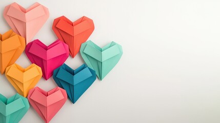 Valentine Paper Art Concept, A Collection of Colorful Folded Origami Hearts Displayed on a Light Background for Romantic Decor Ideas