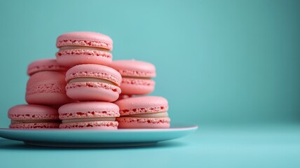 Fototapeta premium Delicious strawberry macarons displayed on a ceramic plate bright background food photography artistic view