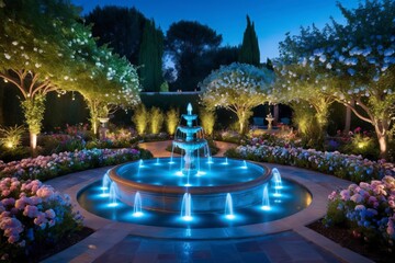 A large fountain with a blue light shining on it