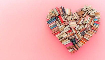 Heart-shaped arrangement of books symbolizing love for reading on pink background