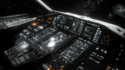 Spaceship cockpit controls during interstellar flight, starscape background, futuristic sci-fi illustration.