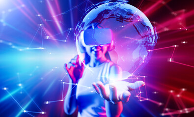 Female stand surrounded by neon light wear white VR headset and tank top connecting metaverse, future cyberspace community technology, She holding and watch 3D global picture hologram. Hallucination.