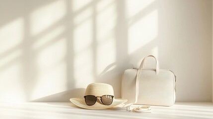 Sunlit straw hat, sunglasses, and handbag on a white surface.
