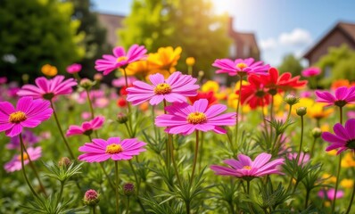 Vibrant pink and yellow flowers in bloom