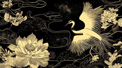 Elegant gold crane in flight amidst stylized flowers and clouds on black background.
