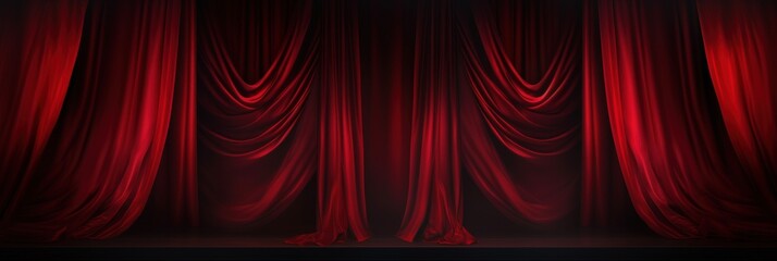 Elegant Red Velvet Curtains Pulled Back to Reveal a Dramatic Stage Setting with Rich Textures and Deep Shadows