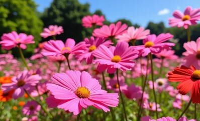 Vibrant pink flowers in a sunny field