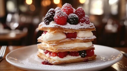 A millefeuille dessert with alternating layers of puff pastry and cream, topped with a berry medley and powdered sugar.