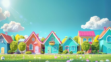 A cartoon illustration of colorful houses on a sunny day.
