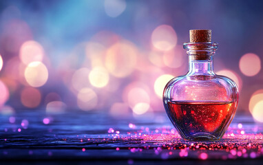 Heart shaped glass bottle with pink romantic potion on blue bokeh background creating magical love valentine concept atmosphere