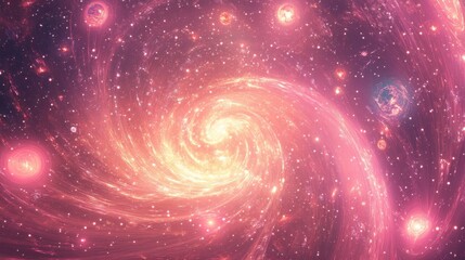 Fototapeta premium Pink spiral galaxy with planets and stars.