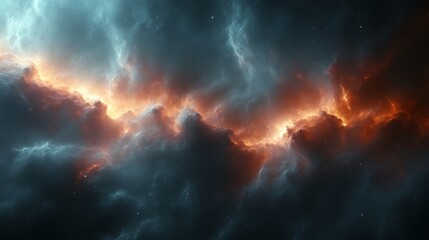 Fiery nebula in deep space with swirling clouds and stars.