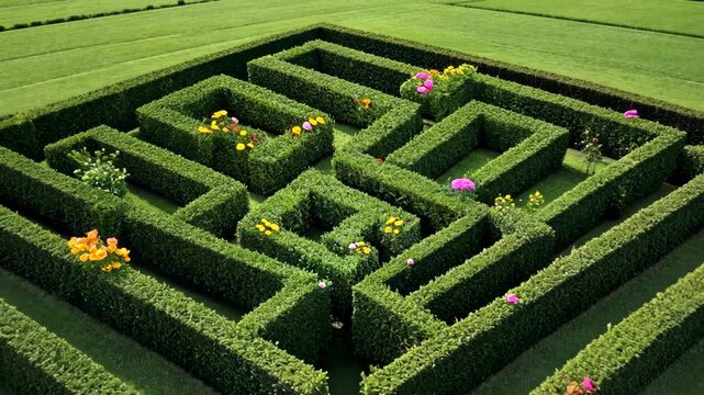 A vibrant green maze adorned with colorful flowers.