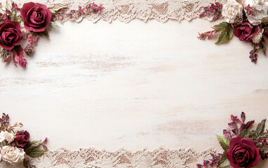 Romantic deep red roses and lace border frame on textured vintage paper background create elegant Victorian style holiday greeting design