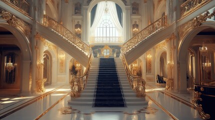 Obraz premium Grand opulent staircase in a luxurious palace interior.