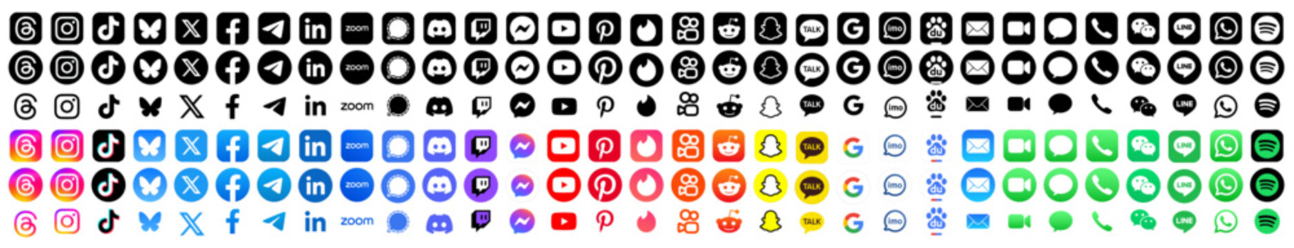 Threads, Instagram, TikTok, X, Facebook, Whatsapp, Twitter, YouTube, Telegram, Snapchat, Pinterest, Reddit, Messenger, WeChat, Line, Bluesky, Spotify and LinkedIn app icons. Set of social media logos