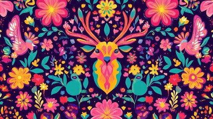 Naklejka premium Vibrant floral pattern with deer and birds.