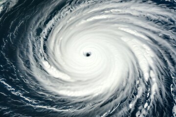 Aerial view of a powerful hurricane with a distinct eye, swirling clouds over the ocean.