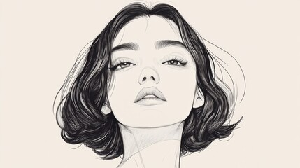 Monochrome illustration of a woman with short, wavy hair, looking upward.
