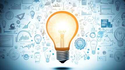 Bright lightbulb idea concept with surrounding business sketches.