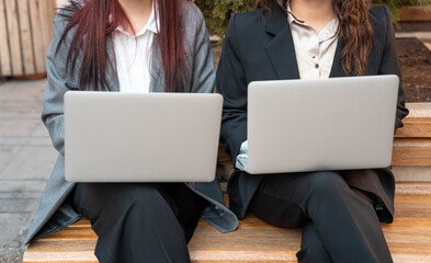 Businesswomen, partners working on laptops in the park