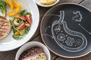 food placed in the stomach, schematic, digestion, healthy eating