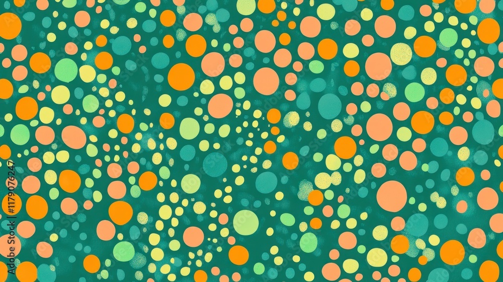 Poster abstract seamless pattern with colorful circles on teal background.