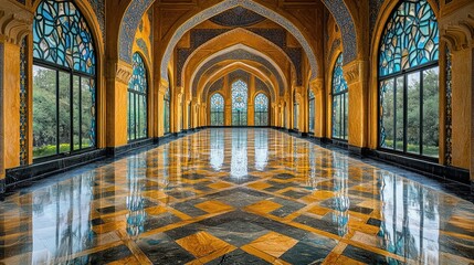 Obraz premium Grand hall with ornate arches, stained glass windows, and polished marble floor.