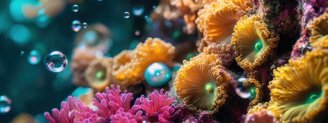Vibrant coral reef filled with colors, bubbles, and a hidden pearl creating a magical underwater world