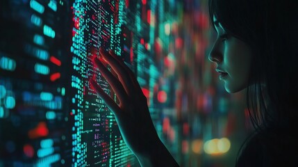 A woman's hands are superimposed on a backdrop of technological and digital coding icons. This juxtaposition highlights the concept of data development and analysis