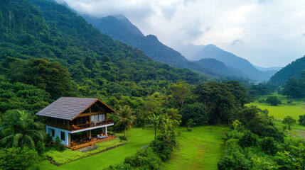 Obraz premium serene retreat surrounded by lush mountains and greenery, perfect for relaxation