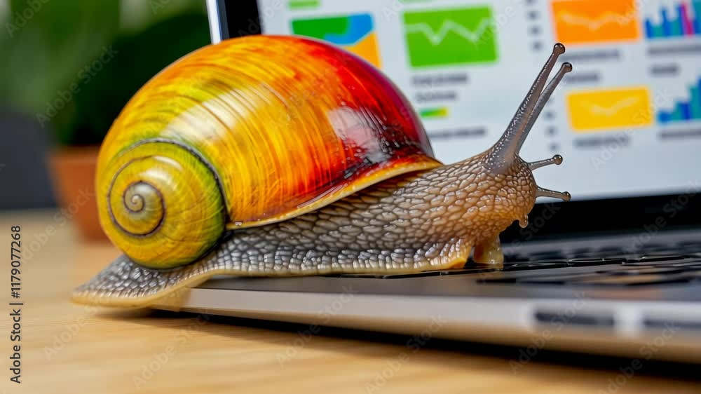 Poster colorful snail is crawling on a laptop keyboard. the snail is yellow and orange, and it is moving sl
