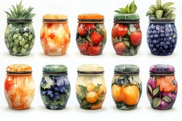 Colorful jars filled with various fruits and vegetables, showcasing artistic food preservation.
