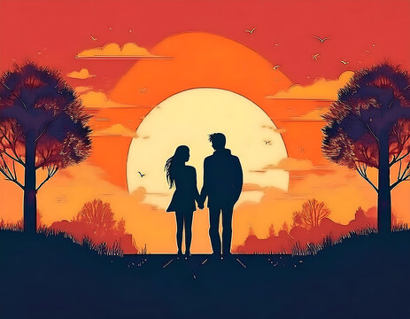 Romantic Sunset Silhouettes: Couples Holding Hands in Scenic Landscapes with Vibrant Skies, Nature, and Love-Themed Backdrops