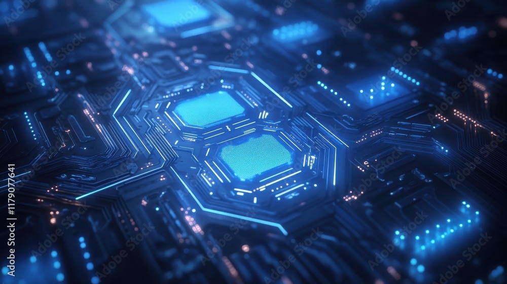 Poster blue tech background featuring circuit lines and hexagons, vector design for business, technology, o