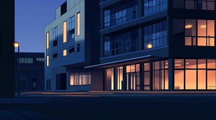 Dusk urban street scene with modern buildings and lit windows.