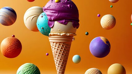 Colorful ice cream cone with a blue, purple, and green ice cream ball on top. The ice cream cone is surrounded by a bunch of colorful balls, which are floating in the air. The image has a playful