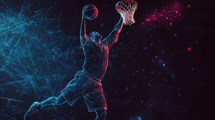 Dynamic basketball player performing a powerful dunk, depicted in a stylized, abstract digital art style.