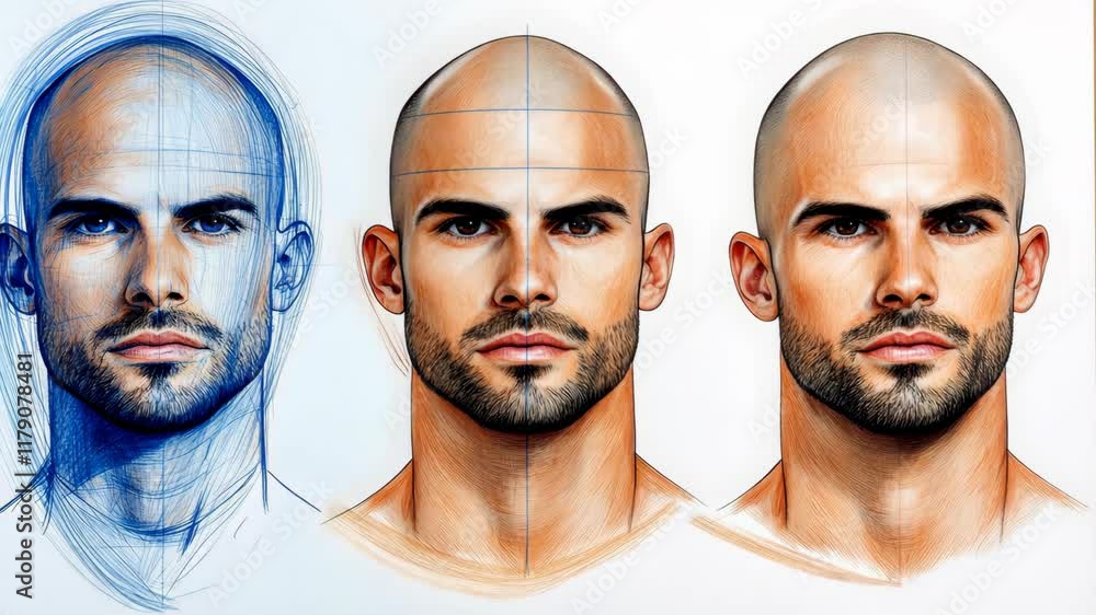 Poster three drawings of a man's face, each with a different style. the first drawing is a simple sketch of