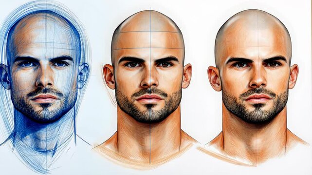 Three drawings of a man's face, each with a different style. The first drawing is a simple sketch of a bald head, the second drawing is a more detailed drawing of a bald head with a beard