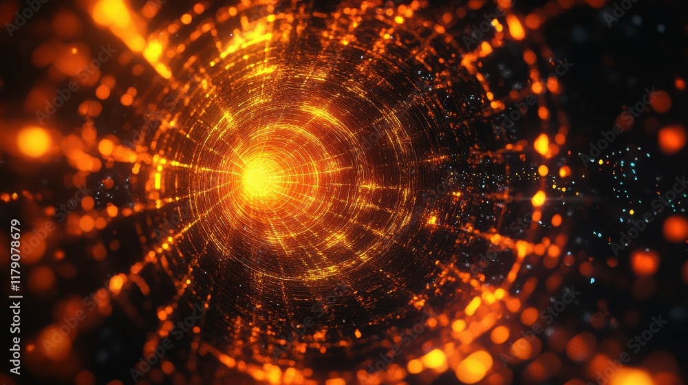 Poster a futuristic and abstract background featuring a honeycomb pattern with glowing orange and yellow li