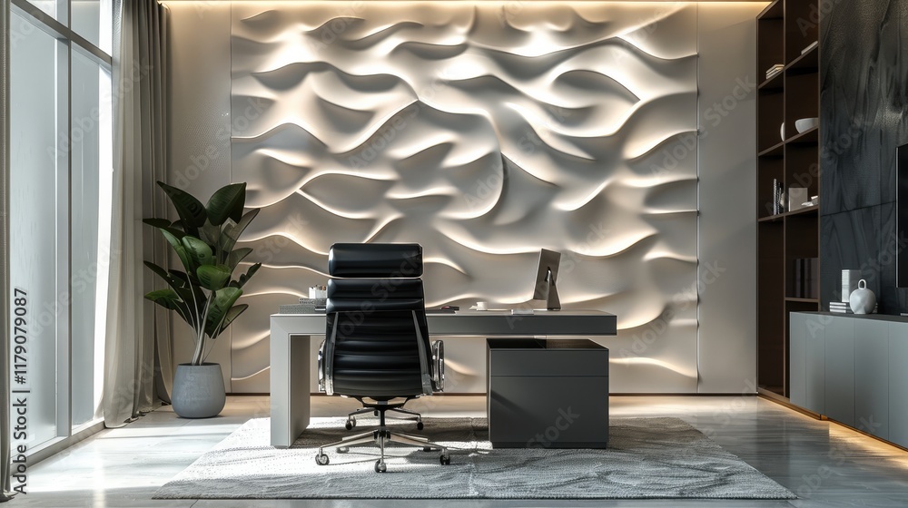 Aufkleber A modern office with textured paper used as wall decor, subtle patterns and lines creating a sophisticated and artistic backdrop for minimalist furniture.
