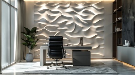A modern office with textured paper used as wall decor, subtle patterns and lines creating a sophisticated and artistic backdrop for minimalist furniture.