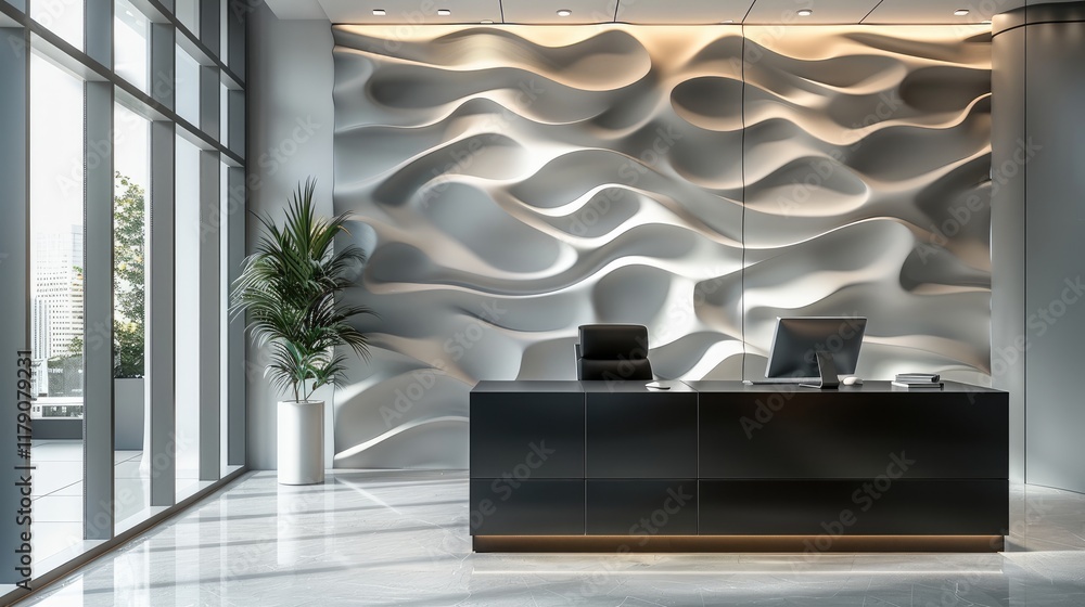 Aufkleber A modern office with textured paper used as wall decor, subtle patterns and lines creating a sophisticated and artistic backdrop for minimalist furniture.