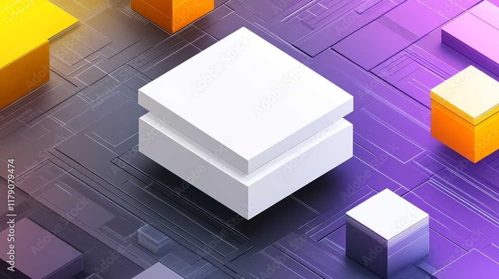 Poster white cube encircled by a colorful array of vibrant squares, visual contrast white
